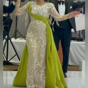 Embellished Dress With Neon Green Overskirt